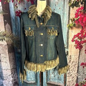 Moka denim jacket NWT, size medium, faux‎ fur and sueded fringe trim